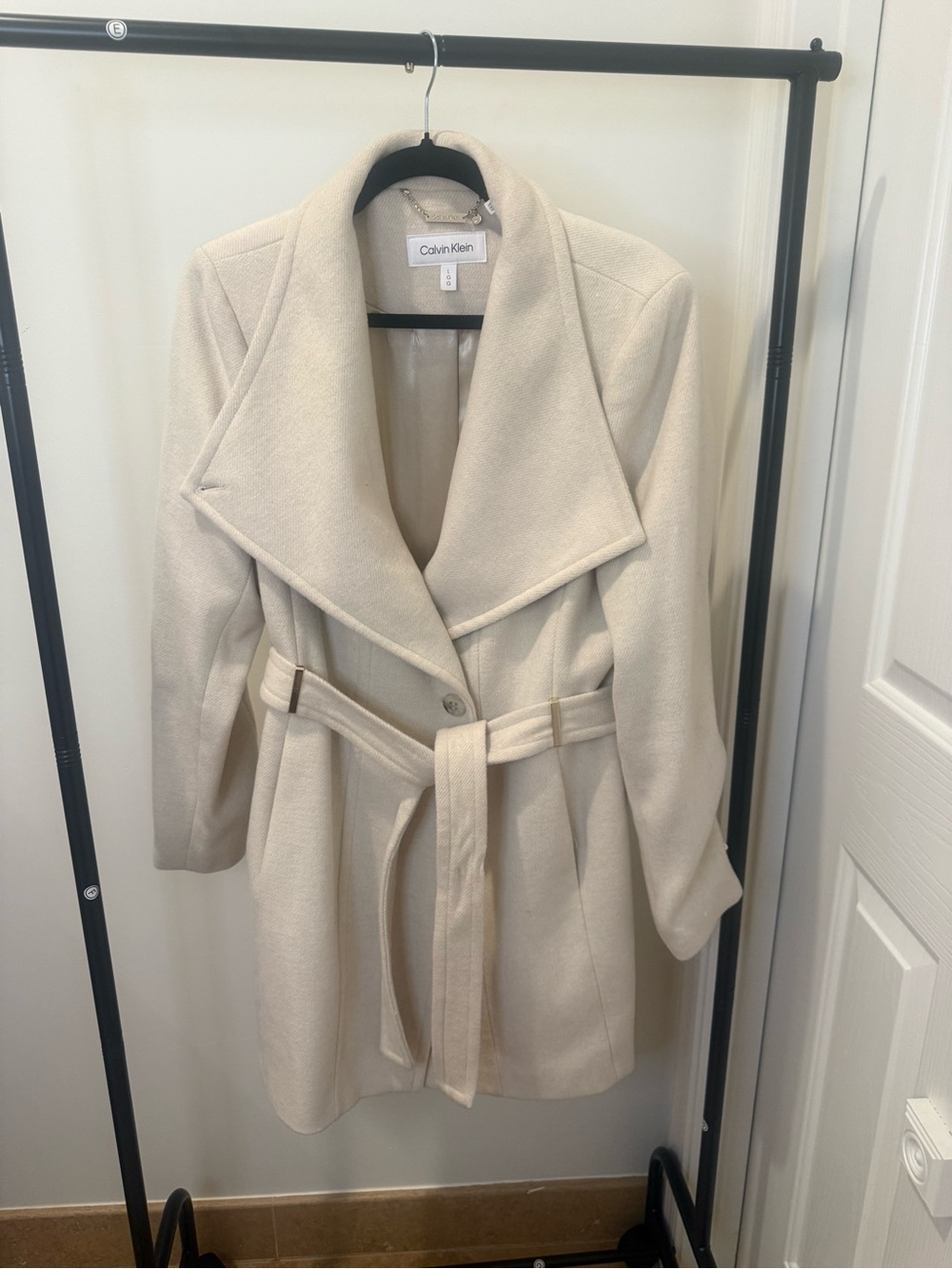 Calvin Klein Cream Belted Wool-Blend Trench Coat